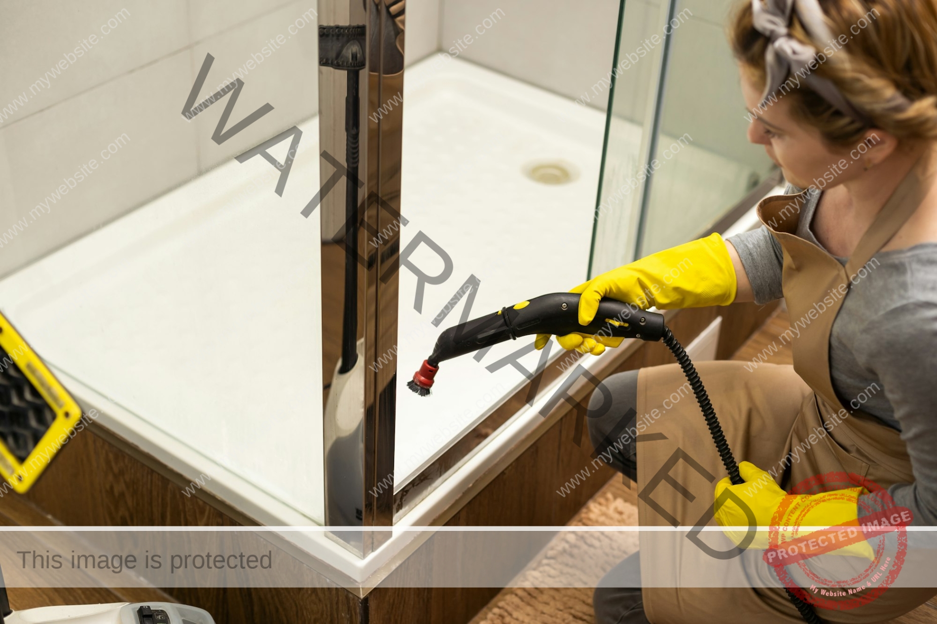 Woman housewife doing house cleaning in bathroom, female washing door with shower steam. Using steam