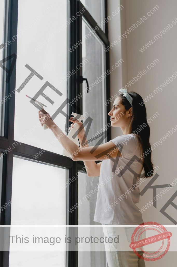 Young woman cleaning the window. Spring cleaning